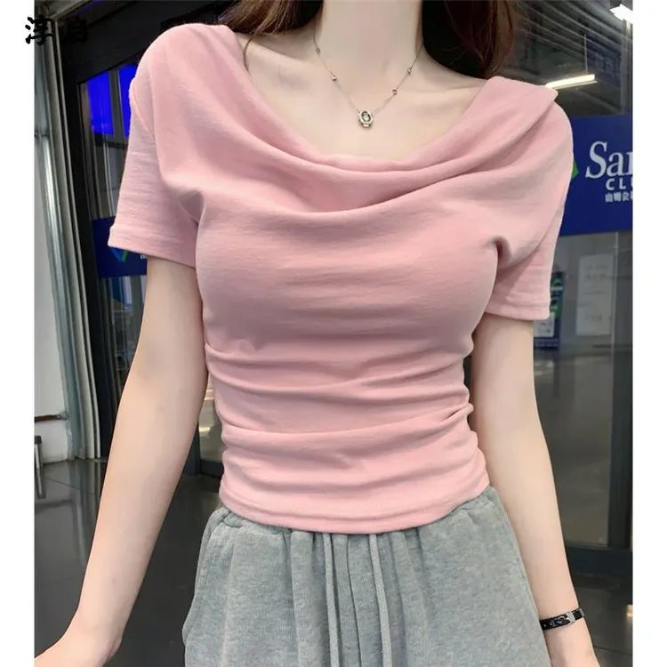 淳启韩版纯欲气质堆堆领褶皱短袖恤女夏季新款一字肩修身百搭上衣