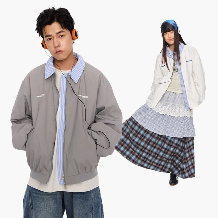 美式复古绣花假两件翻领棒球服男女春秋季宽松休闲情侣夹克外套潮