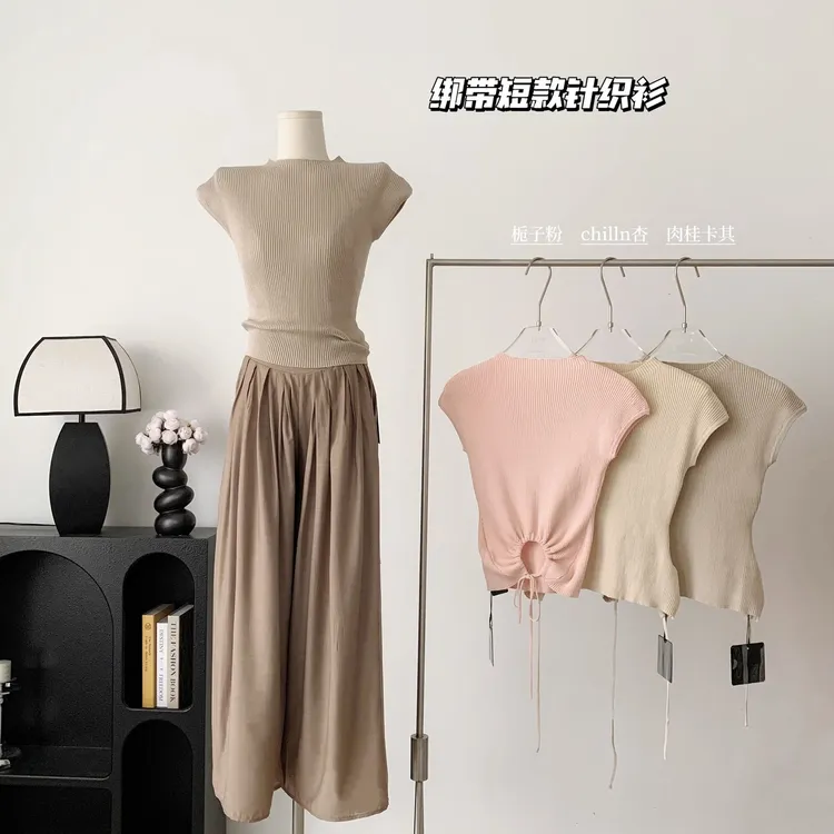 【专柜品质】娇娇气绑带针织短袖名媛女春夏圆领套短款针织上衣