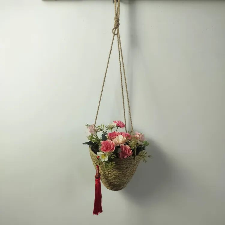 田园风手工草编尖底吊篮，挂墙装饰垂吊式花盆花篮适合编织篮手提