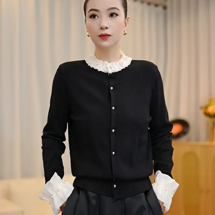 2025秋冬法式重工钉珠花边领毛针织衫女秋季新款开衫外套女长袖