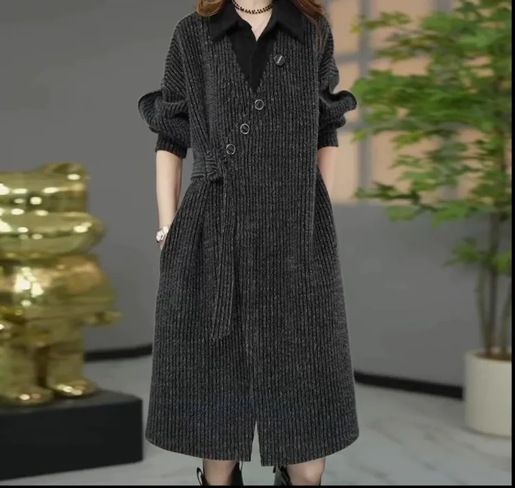 原创设计师款冬季高货欧版加厚保暖假两件宽松遮肉连衣裙打底裙