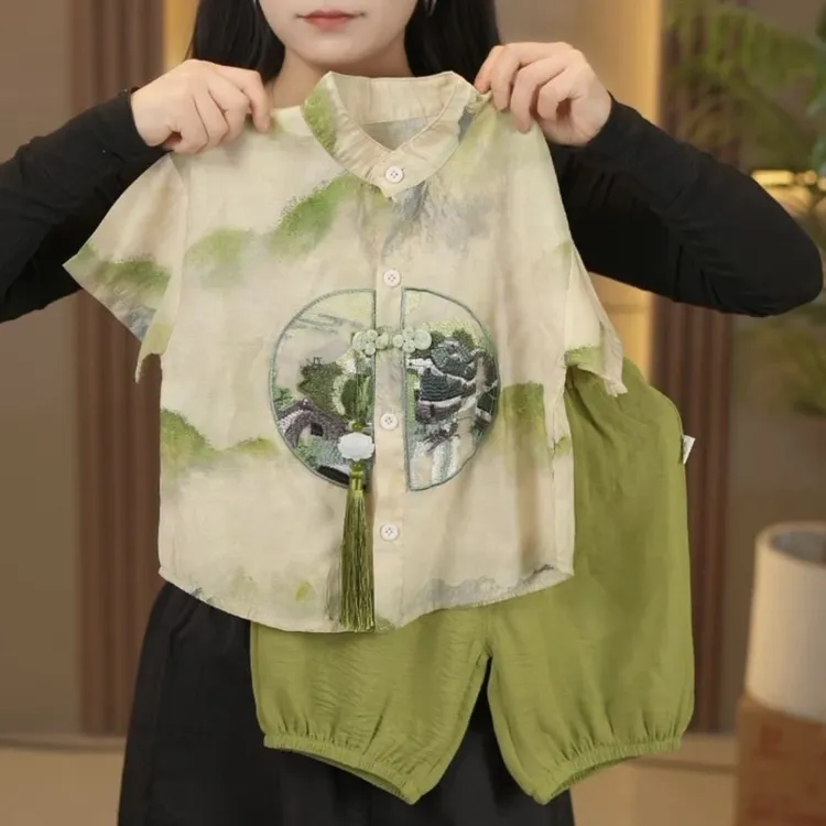 爆款儿童2025套装新款国风夏季男童中式短袖汉服两件套夏装套装