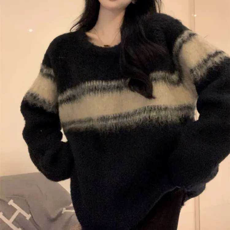套头款黑色条纹软糯慵懒风马海毛毛衣女高级感小个子宽松复古针织