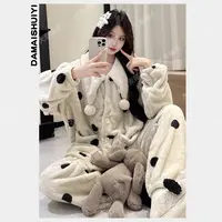 2025年新款秋冬加绒加厚女士睡衣珊瑚绒家居服翻领保暖套装