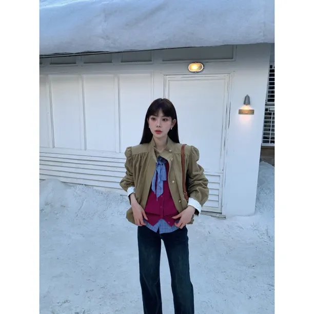 【赵小小&英伦都会】8098 秋季气质宽松长袖辣妹云朵下摆立领外套女