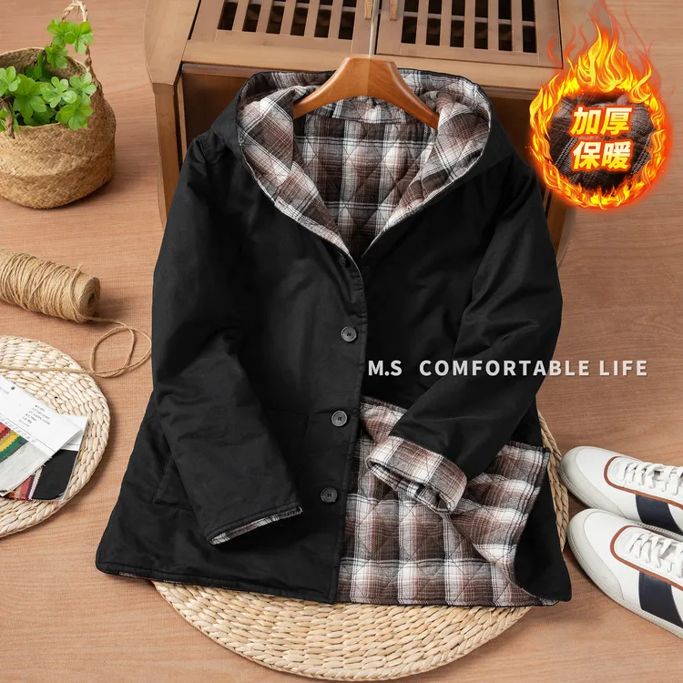 麻尚生活冬季厚款男士格子里衬连帽保暖棉衣棉服纽扣保暖棉服外套