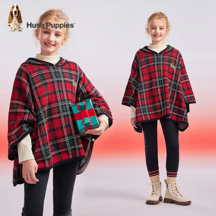 【针织外披斗篷】暇步士童装秋季新款女童宽松连帽保暖亲肤披肩