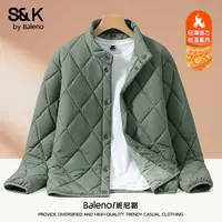 班尼路轻薄棉服男款冬季夹克绿色菱形格轻量化棉衣男士翻领棉袄X