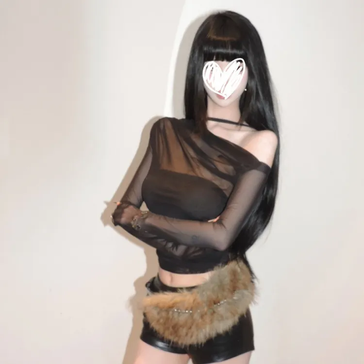 现货！秋季新款性感假两件露肩长袖修身显瘦纯欲洋气小众气质上衣