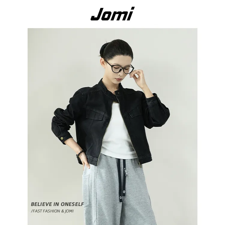 JOMI短款立领夹克女秋双口袋拉链休闲复古百搭上衣