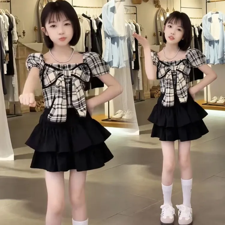 女童夏天洋气短袖裙裤套装儿童时髦T恤短裙两件套女孩夏装蛋糕裙