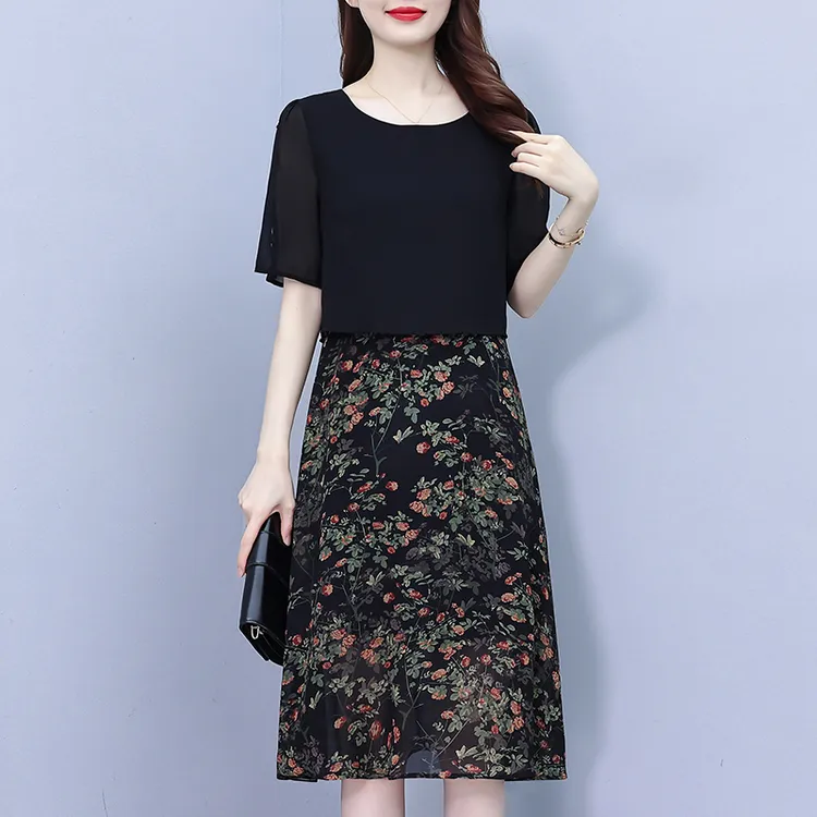 收腰拼接夏天连衣裙女装2025新款减龄梨型身材微胖穿搭裙子夏季