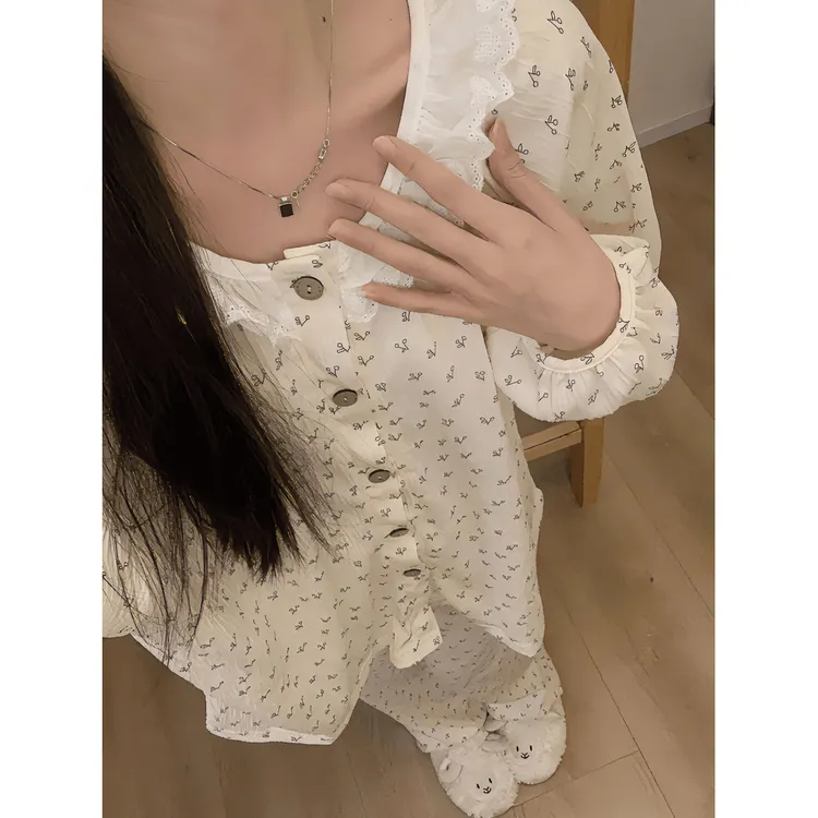 网红风甜美碎花睡衣女春秋季长袖2024年新款花边圆领可外穿家居服