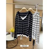 “”条纹帽衫“”女秋冬休闲简约针织衫百搭套头衫打底