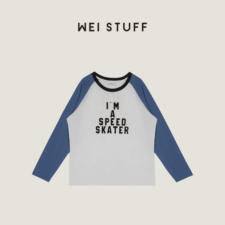 WEI STUFF“惬意假期” 时尚宽松圆领百搭拼色纯棉袖长T恤 9927