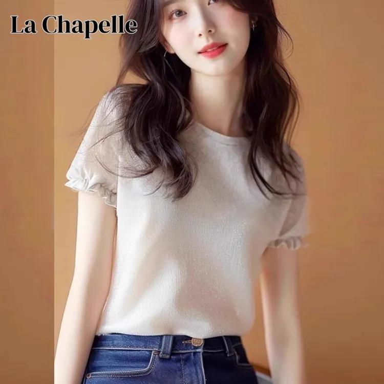 拉夏贝尔正肩短袖T恤女新款欧货小衫设计感小众别致绝美上衣夏季