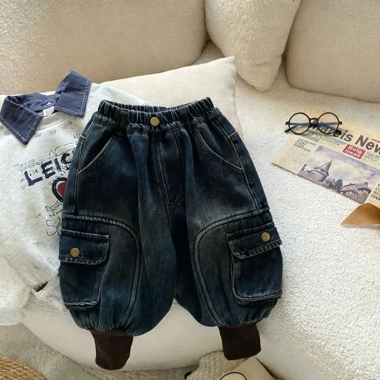 加绒灯笼工装裤男童长裤牛仔裤冬季一体绒时尚百搭帅气中小童束脚