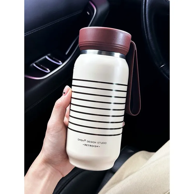 虎牌适用简约条纹保温杯2025新款女生高颜值直饮水杯便携茶水分离