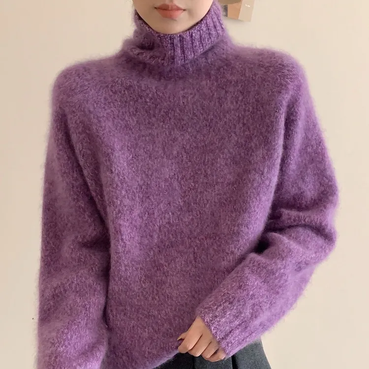2025新款花纱高领宽松拉绒针织衫女秋冬加厚韩版时尚百搭打底毛衣