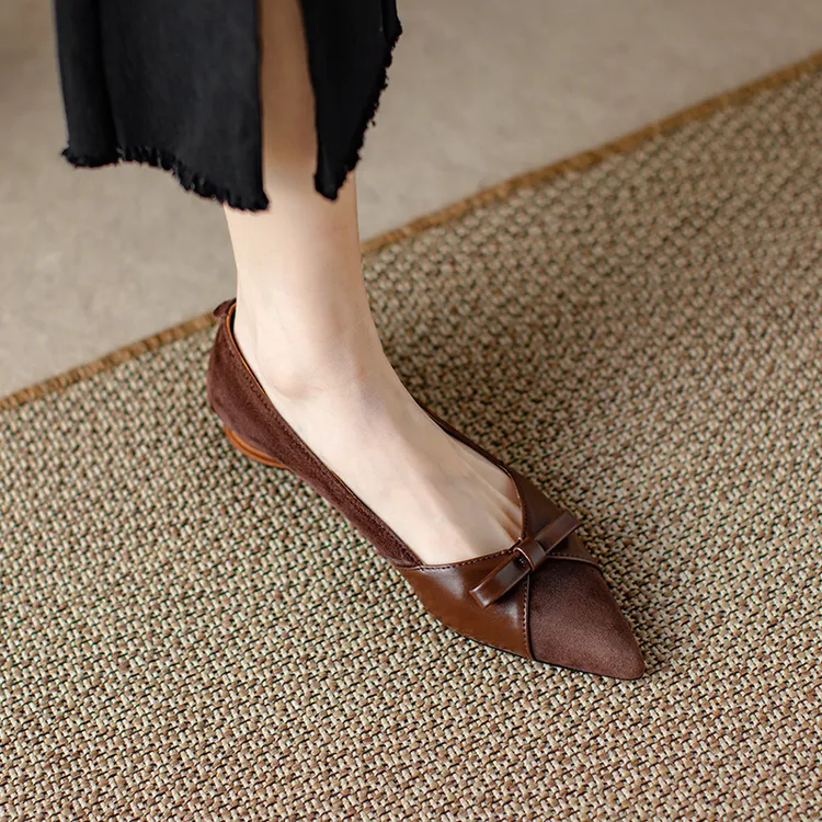 UHCK气质款~尖头蝴蝶结浅口单鞋女春新款复古粗跟鞋