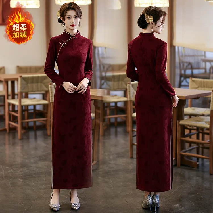 秋冬加绒加厚长款旗袍改良连衣裙复古提花中老年妈妈日常长袖礼服