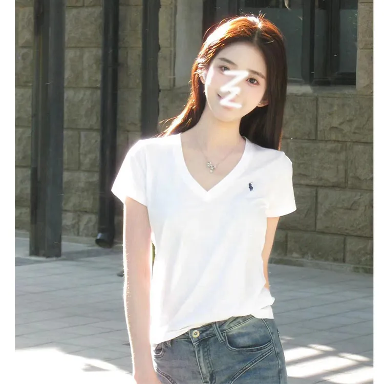 露思同款V领白色T恤女装修身显瘦百搭短袖刺绣上衣2025夏季新款