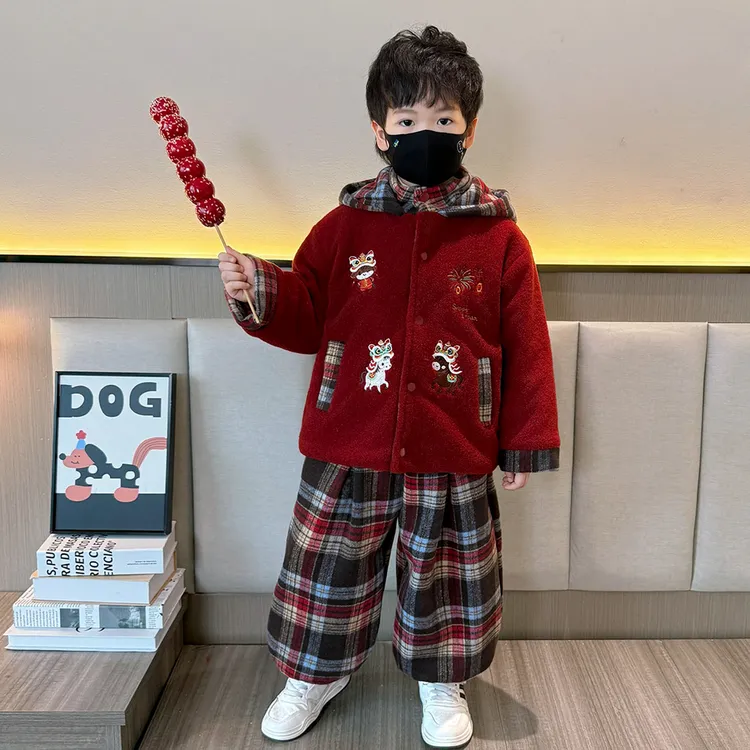 男童加绒夹棉马年年服套装2026新款男孩冬装元旦喜庆拜年服儿童潮