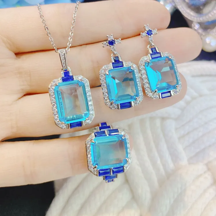 铜合金木质项链 奢华公主方钻彩宝套装女