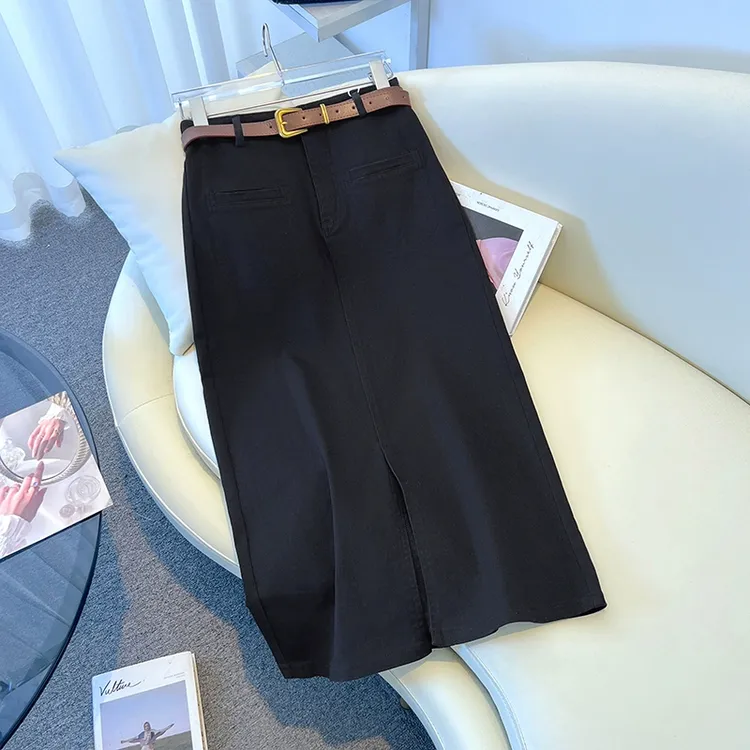 拉夏贝尔时尚前开叉牛仔半身裙女2025春秋新款显瘦包臀直筒裙爆款