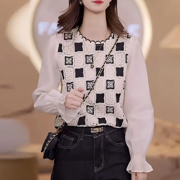 2025秋季新款拼接重工圆领长袖气质上衣女法式棋盘格休闲针织小衫