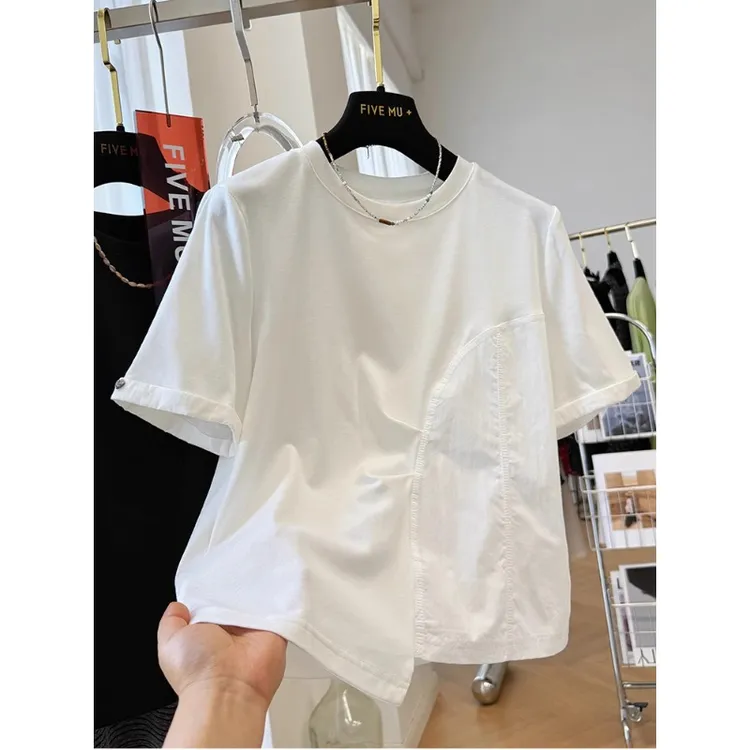 大码女装设计感别致不规则褶皱拼接短袖T恤纯棉宽松超好看上衣夏