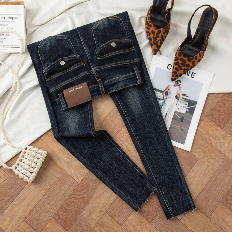 雾霾蓝灰高腰牛仔裤女2025秋季新款复古显瘦弹力修身小脚铅笔裤