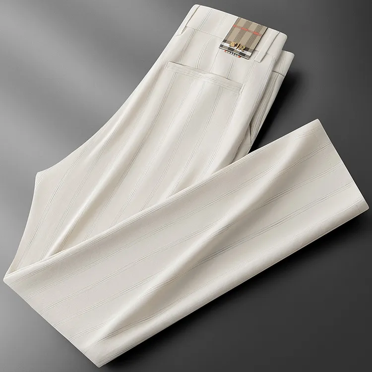 高端长裤高级明线薄款修身夏季时尚欧货男条纹休闲西裤直筒男感辑