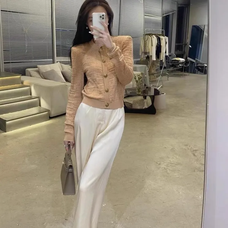 初秋穿搭小个子套装小香风时尚高级长袖针织上衣高腰直筒阔腿裤