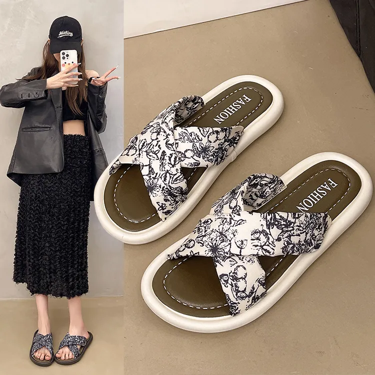 一字拖女鞋平跟女交叉带拖鞋凉拖鞋纯色夏季凉鞋防滑网红时尚休闲