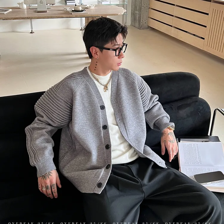 OXFREAK「拼接坑条肌理」老钱风v领开衫毛衣男秋冬宽松针织衫外套