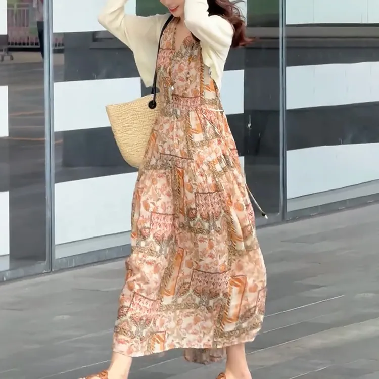 多巴胺苎麻连衣裙女2025夏季新款法式印花无袖时尚气质百搭背心裙