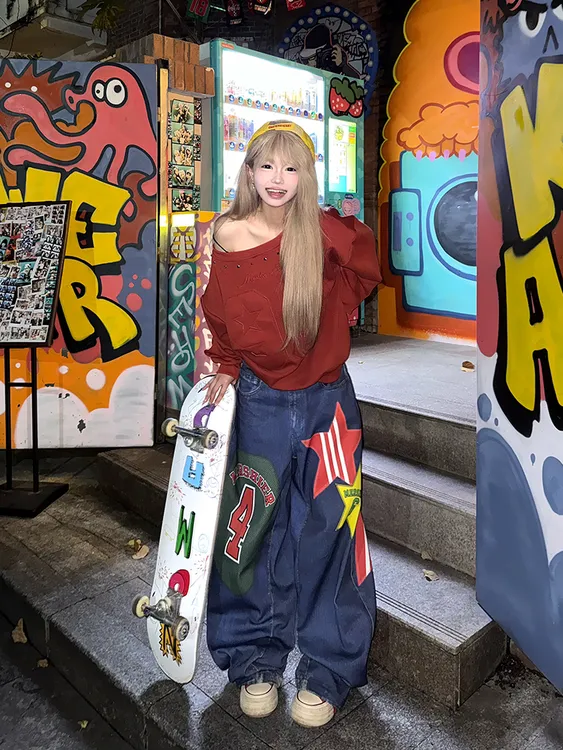 美式嘻哈星星数字印花弯刀牛仔裤女春秋宽松阔腿高街潮牌辣妹长裤
