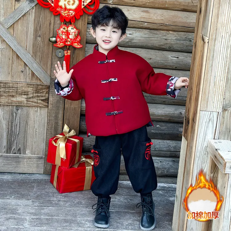 唐装男童红色喜庆拜年服套装冬季2025新款儿童过年服男孩新年衣服