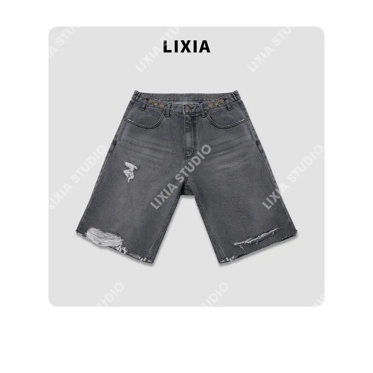 LIXIA【潮流牛仔】磨毛破洞丹宁风五分轻奢做旧牛仔短款-D8278