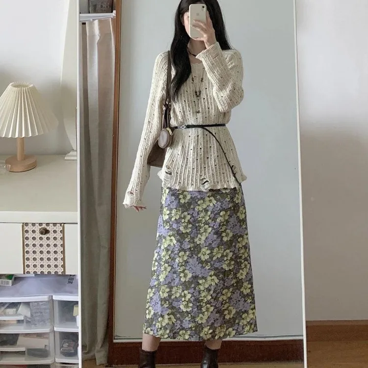 穿搭一整套装裙外搭罩衫碎花吊带连衣裙慵懒女春秋镂空针织衫上衣