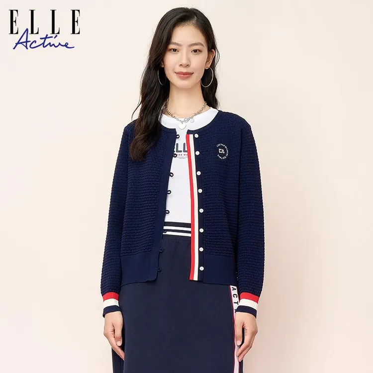 ELLE Active2025春季女款修身显瘦撞色圆领法式气质针织开衫外套