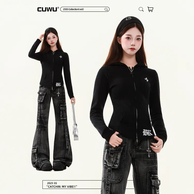 cuwu美式街头修身十字架印花连帽卫衣女秋季收腰显瘦短款辣妹上衣