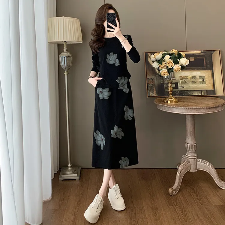 独特优雅时尚休闲套装女秋季气质减龄超好看印花长袖上衣半身裙子