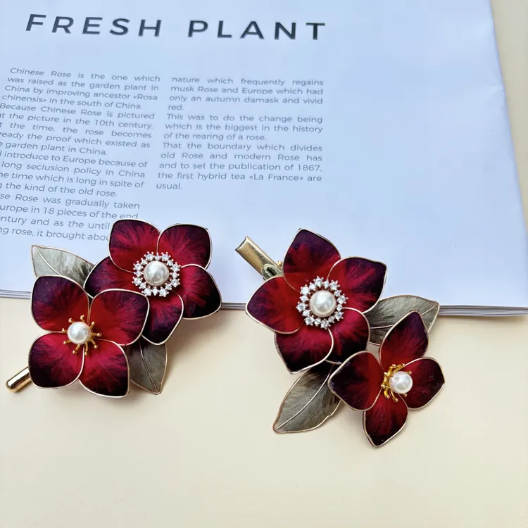 绒花边夹女小巧精致古风复古风发夹软簪古典纯手工蚕丝非遗红花