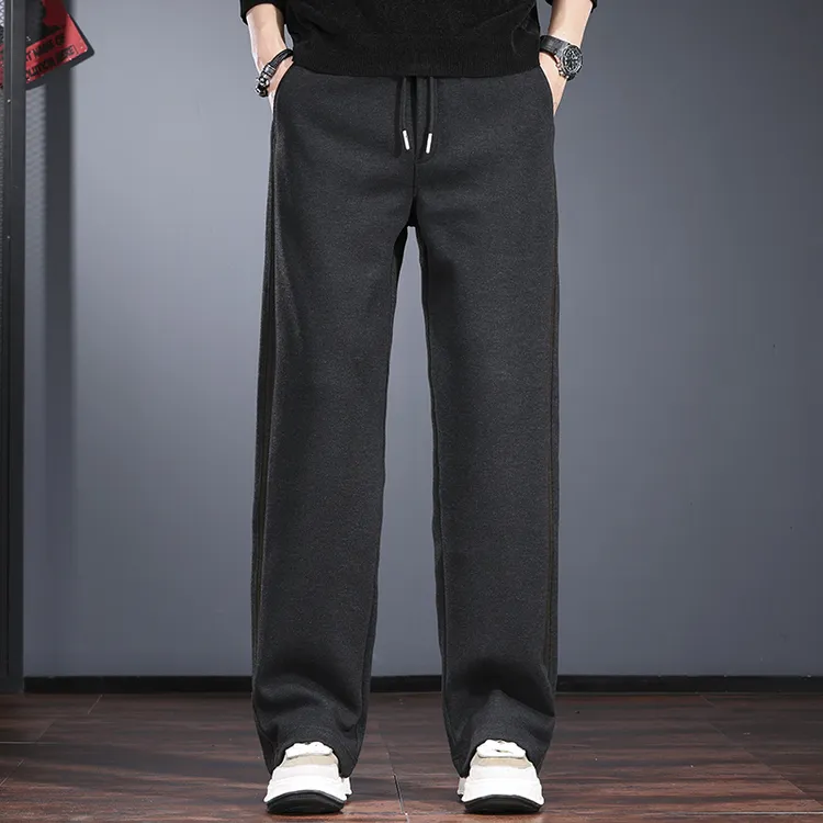 高端绵羊毛休闲裤男秋冬季宽松直筒阔腿裤轻奢加绒加厚松驰感卫裤