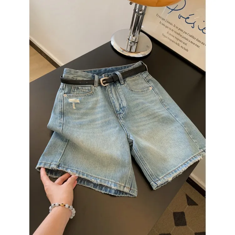 美式复古蓝色五分牛仔短裤女2025夏季新款高腰遮跨显瘦直筒阔腿裤