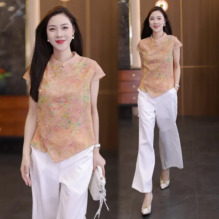 新中式时尚套装女夏季新款洋气显瘦盘扣丝光短袖衬衫阔腿裤两件套