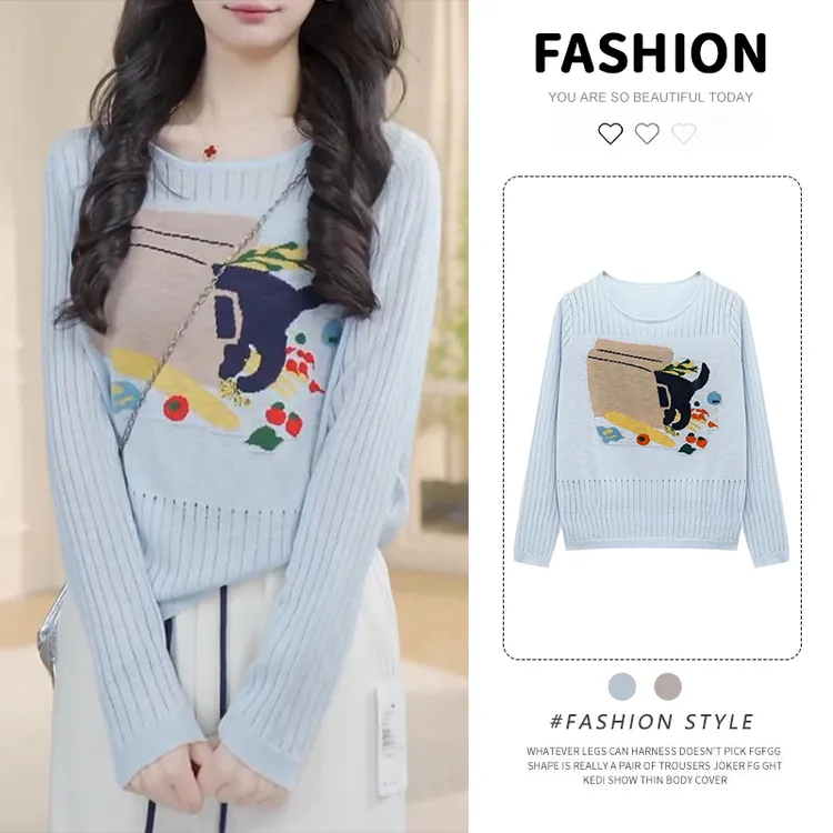 2025秋季新款时尚卡通印花圆领长袖针织衫女士洋气高级感百搭上衣